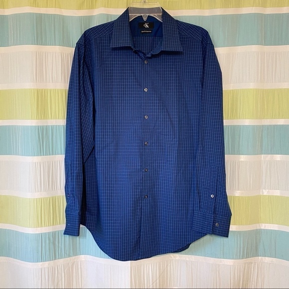 Calvin Klein Long Sleeve Button Down Blue Plaid Shirt Sz Large - Picture 9 of 9